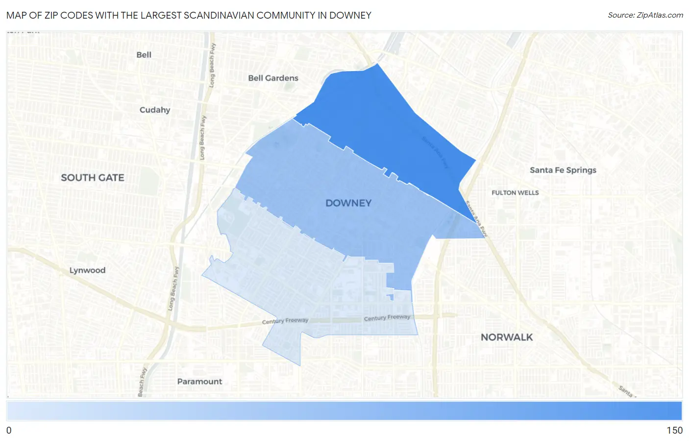 Zip Codes with the Largest Scandinavian Community in Downey Map