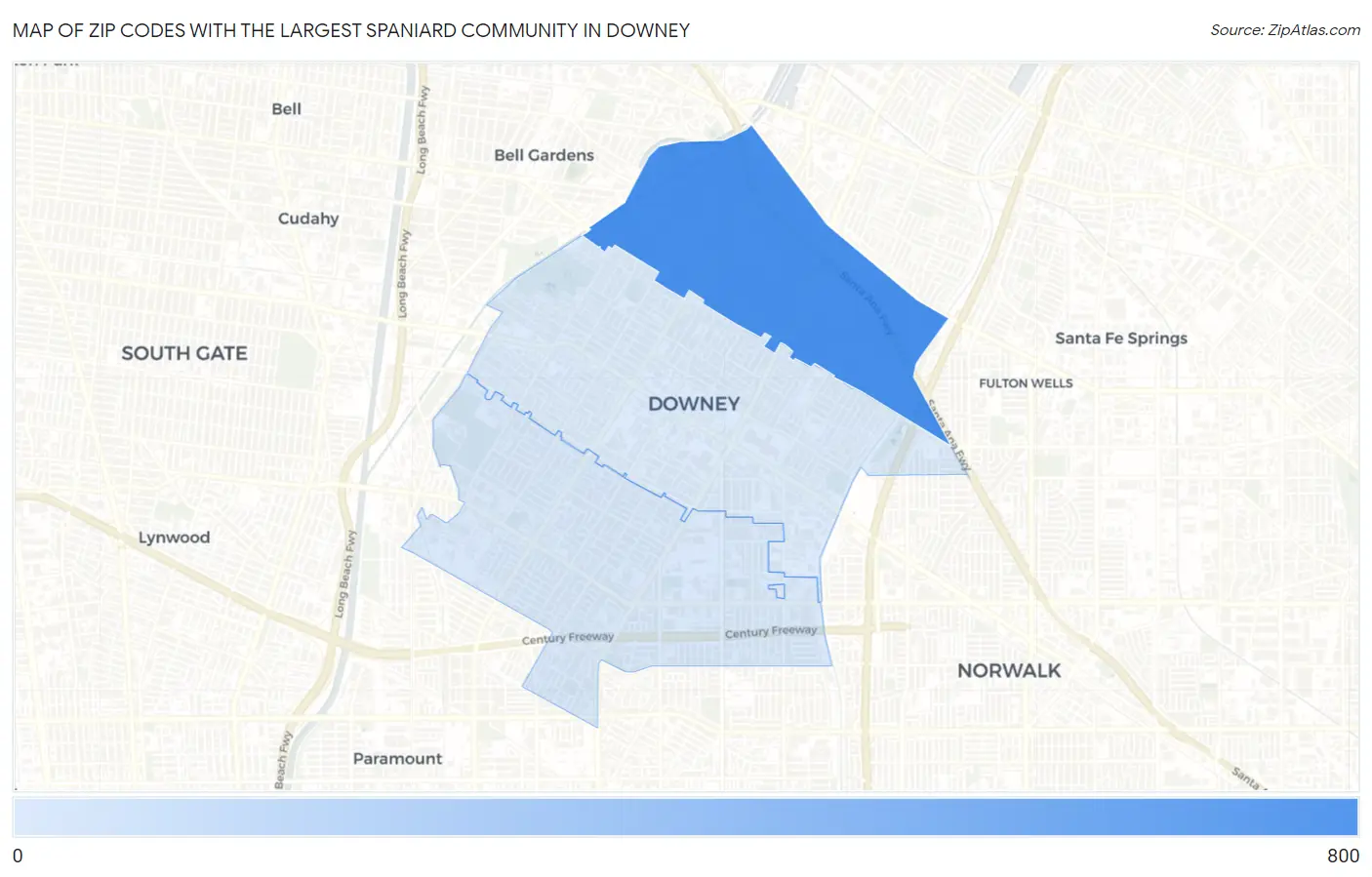 Zip Codes with the Largest Spaniard Community in Downey Map