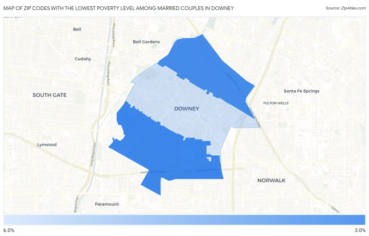 Zip Codes with the Lowest Poverty Level Among Married Couples in Downey Map