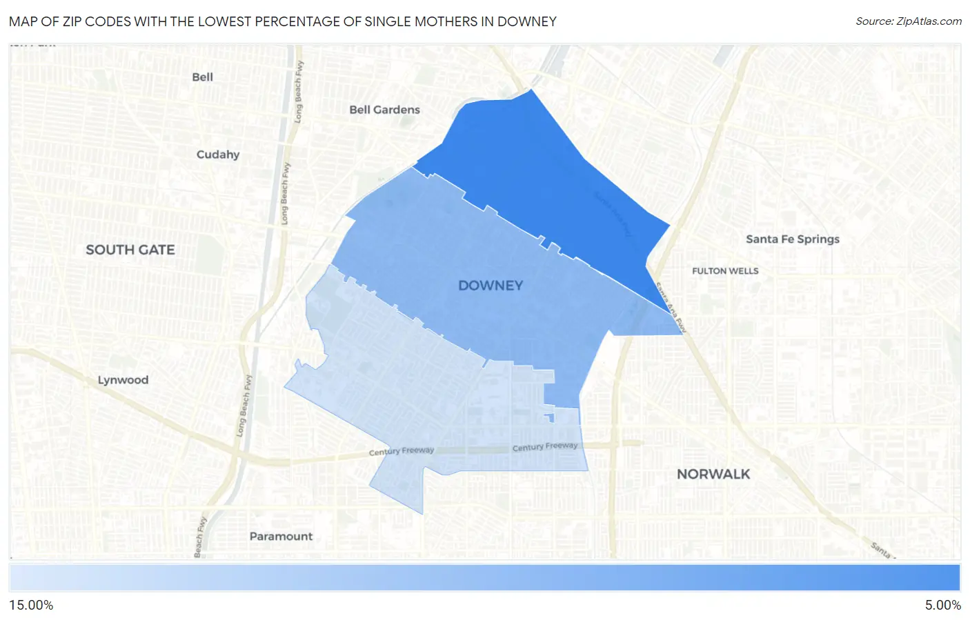 Zip Codes with the Lowest Percentage of Single Mothers in Downey Map