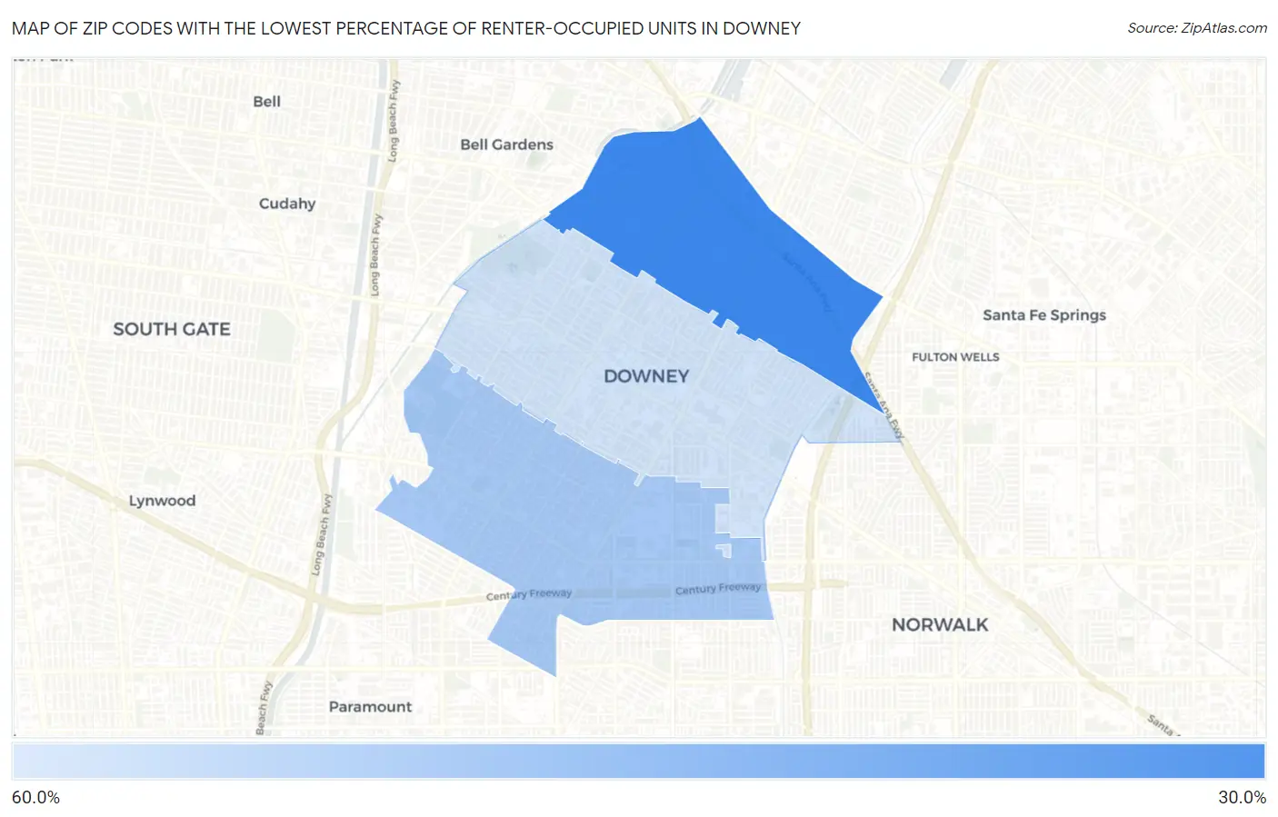 Zip Codes with the Lowest Percentage of Renter-Occupied Units in Downey Map