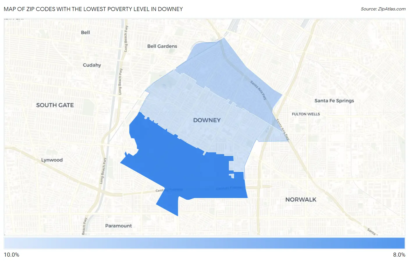Zip Codes with the Lowest Poverty Level in Downey Map