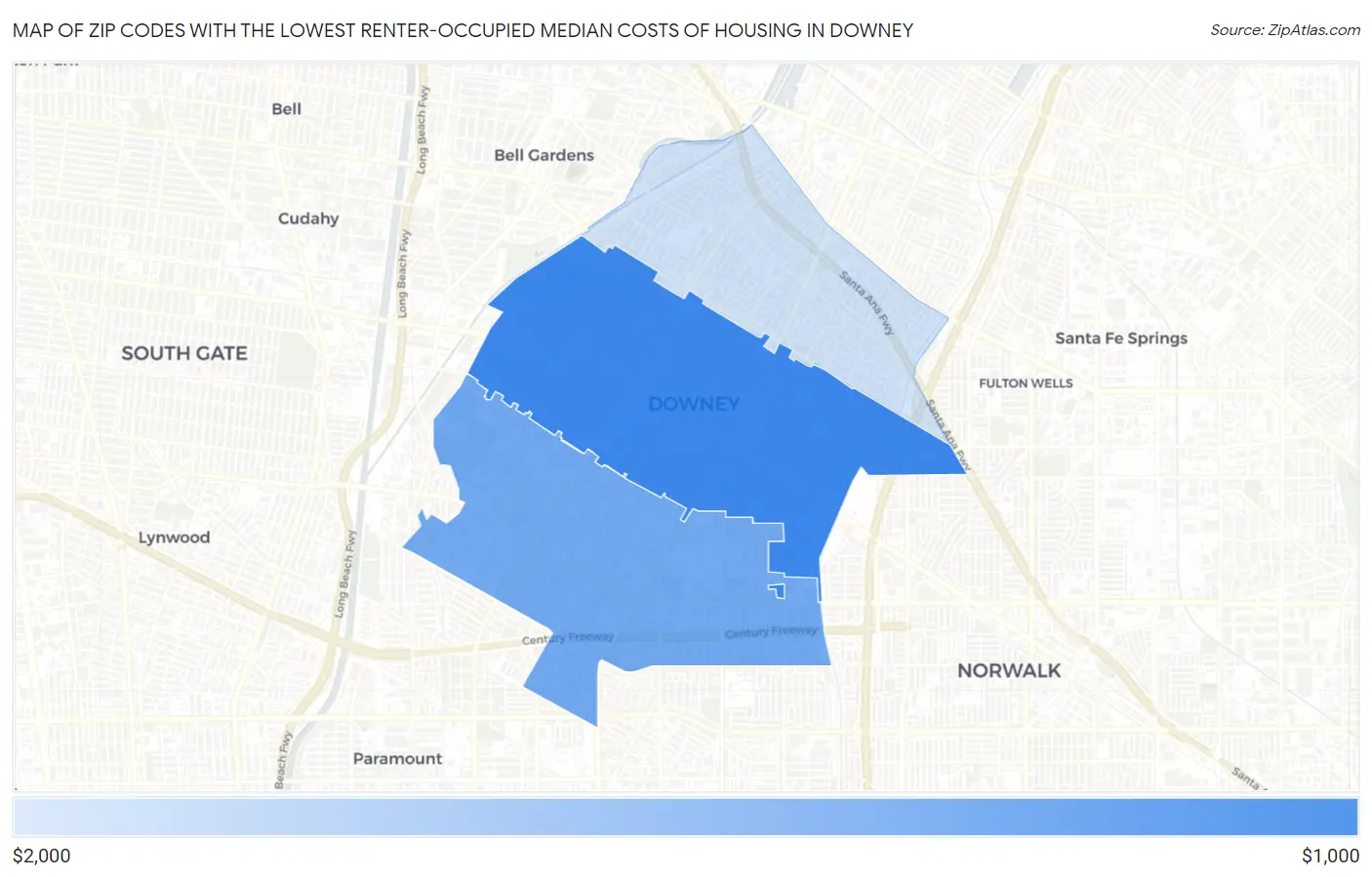 Zip Codes with the Lowest Renter-Occupied Median Costs of Housing in Downey Map