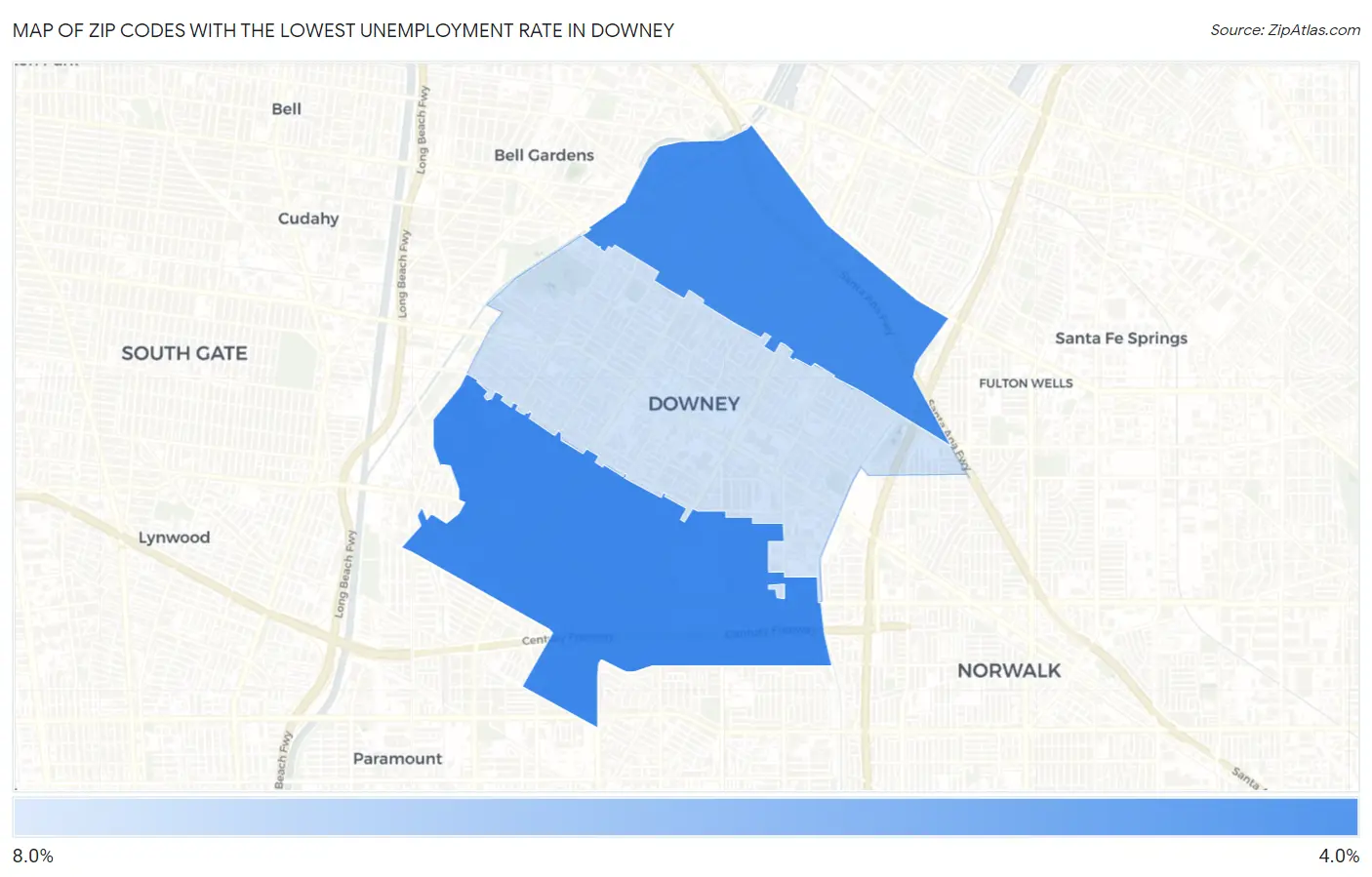 Zip Codes with the Lowest Unemployment Rate in Downey Map