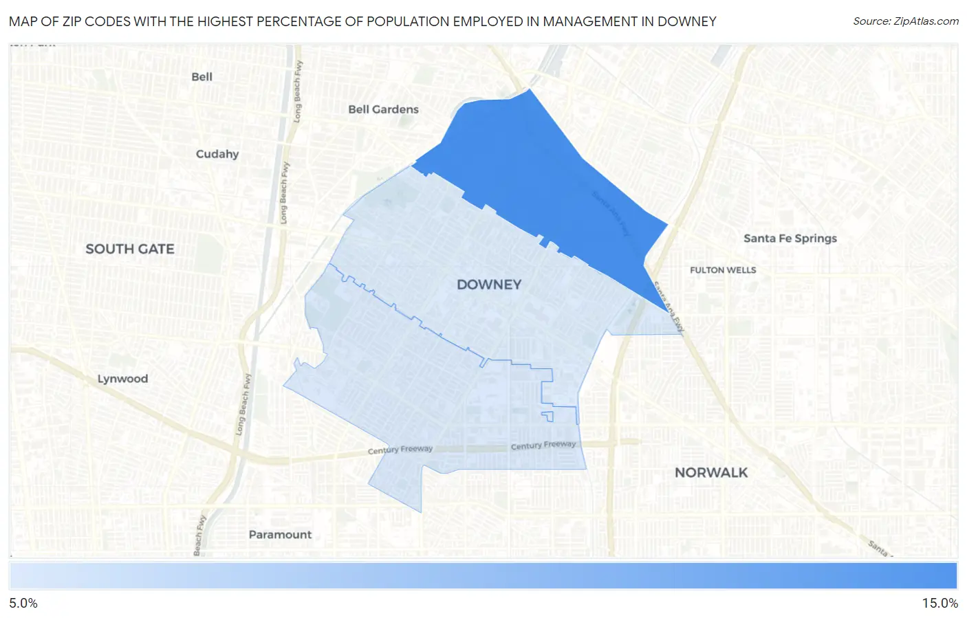 Zip Codes with the Highest Percentage of Population Employed in Management in Downey Map