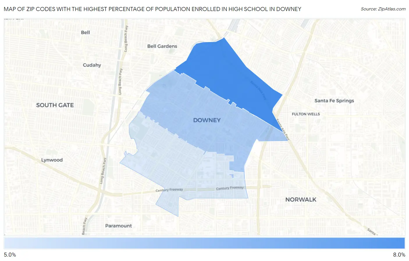 Zip Codes with the Highest Percentage of Population Enrolled in High School in Downey Map