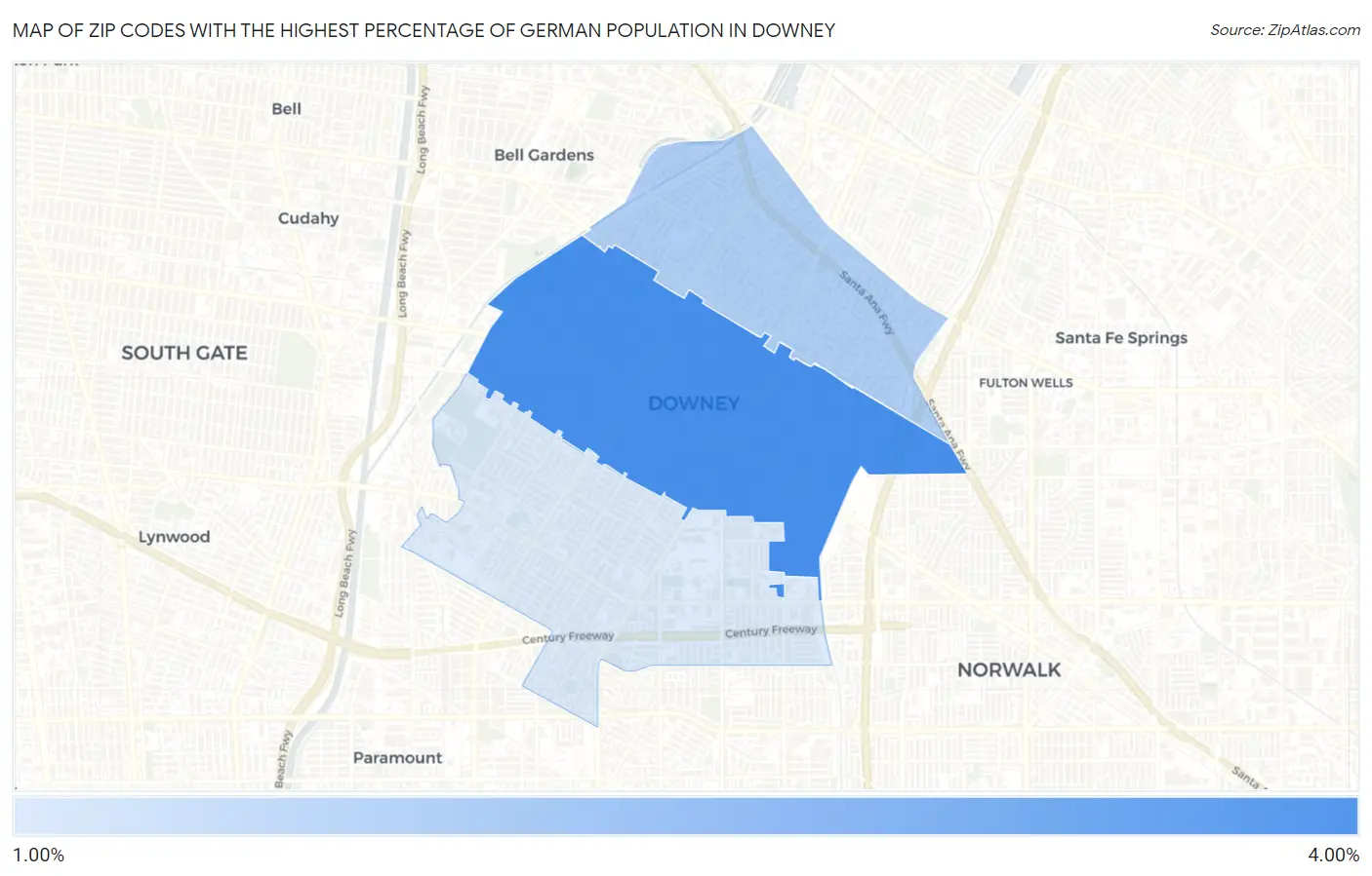 Zip Codes with the Highest Percentage of German Population in Downey Map