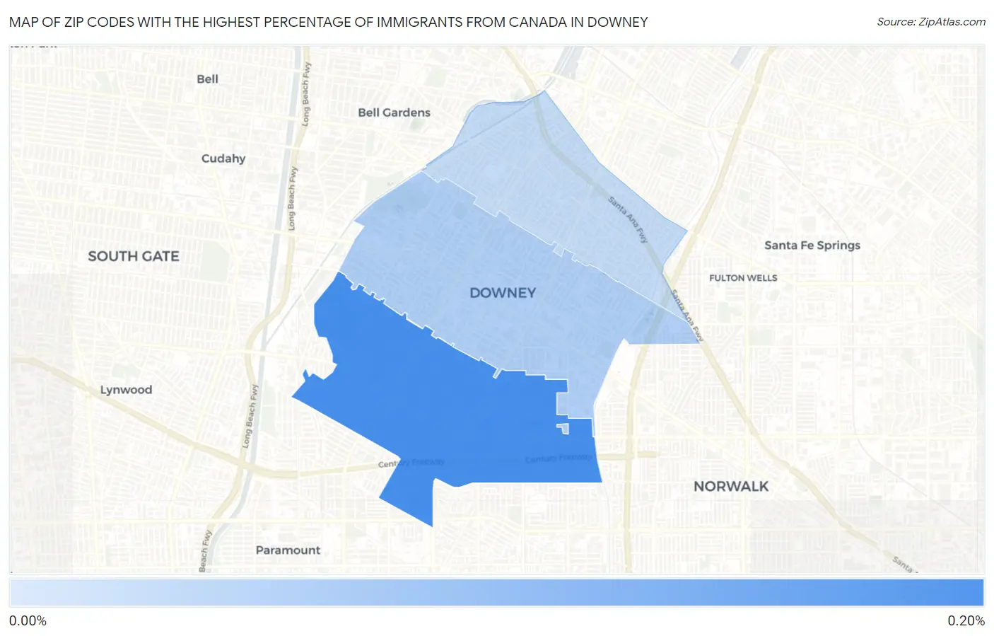 Zip Codes with the Highest Percentage of Immigrants from Canada in Downey Map
