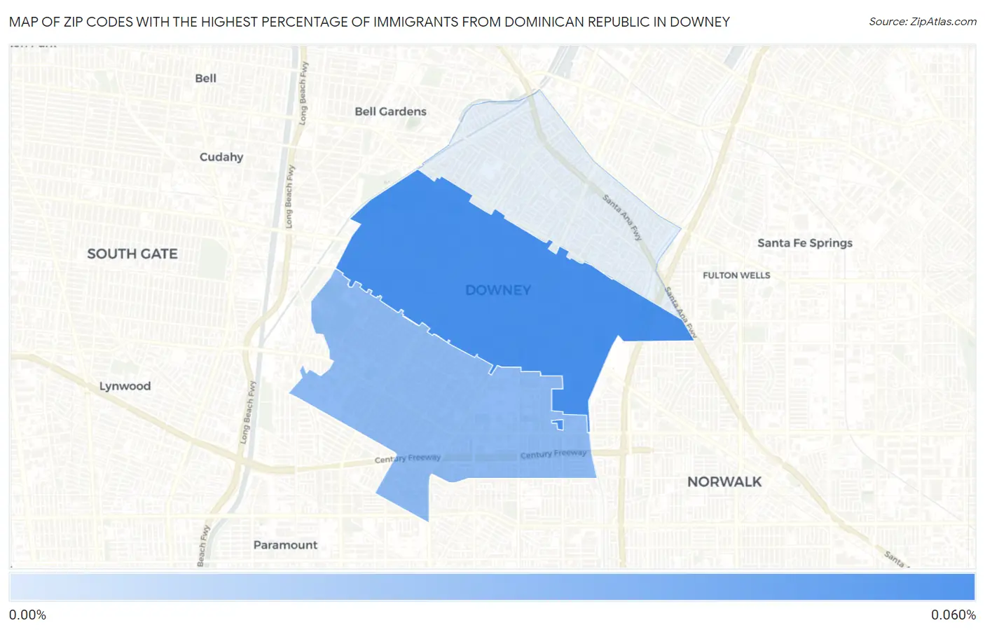 Zip Codes with the Highest Percentage of Immigrants from Dominican Republic in Downey Map
