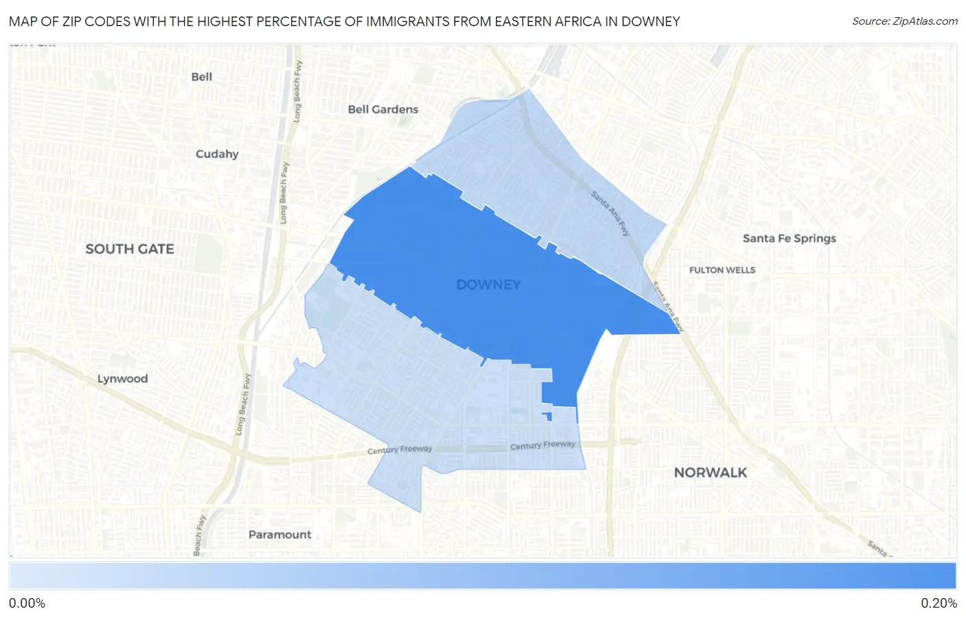 Zip Codes with the Highest Percentage of Immigrants from Eastern Africa in Downey Map