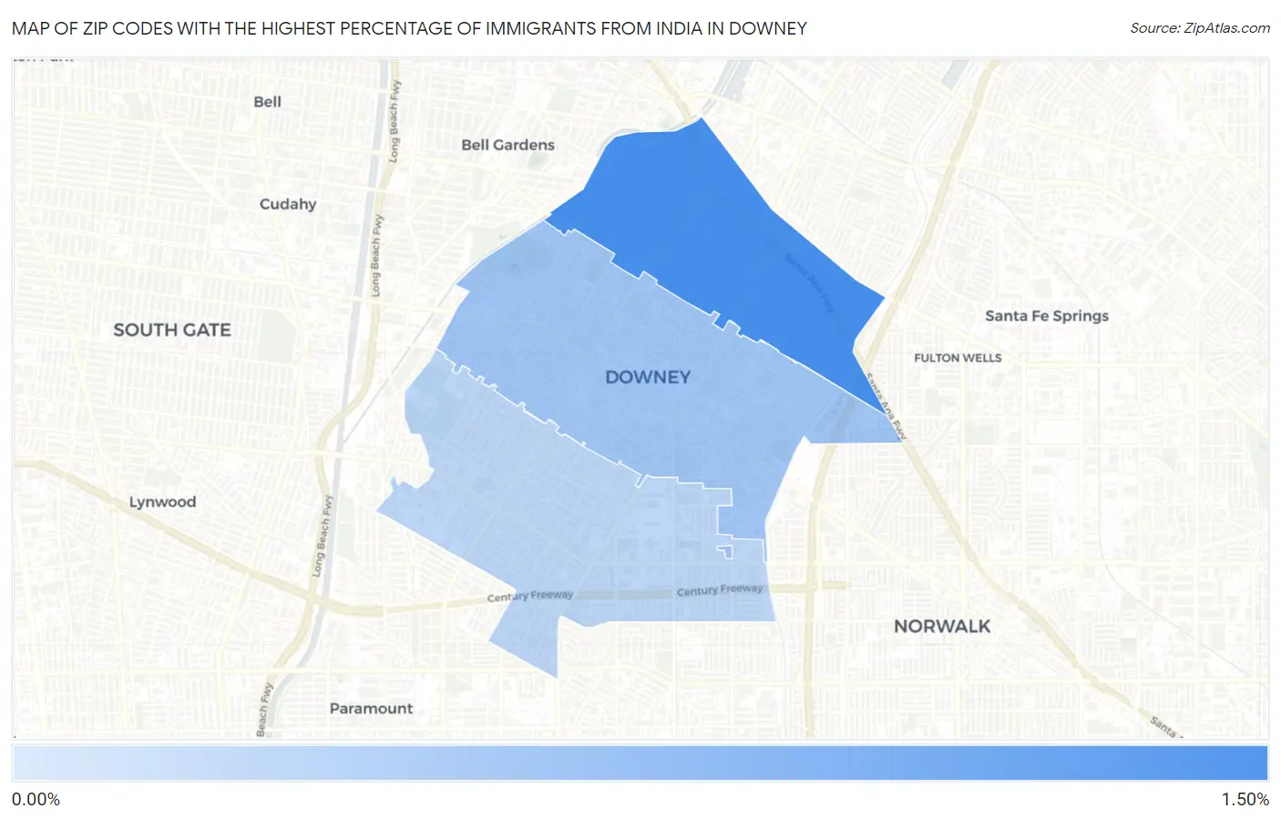 Zip Codes with the Highest Percentage of Immigrants from India in Downey Map