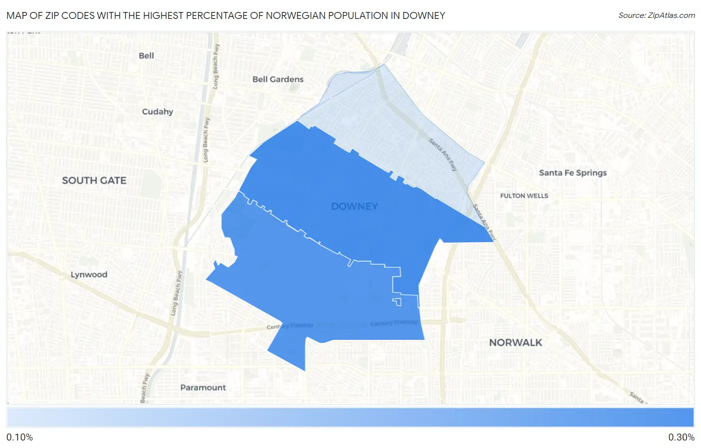 Zip Codes with the Highest Percentage of Norwegian Population in Downey Map