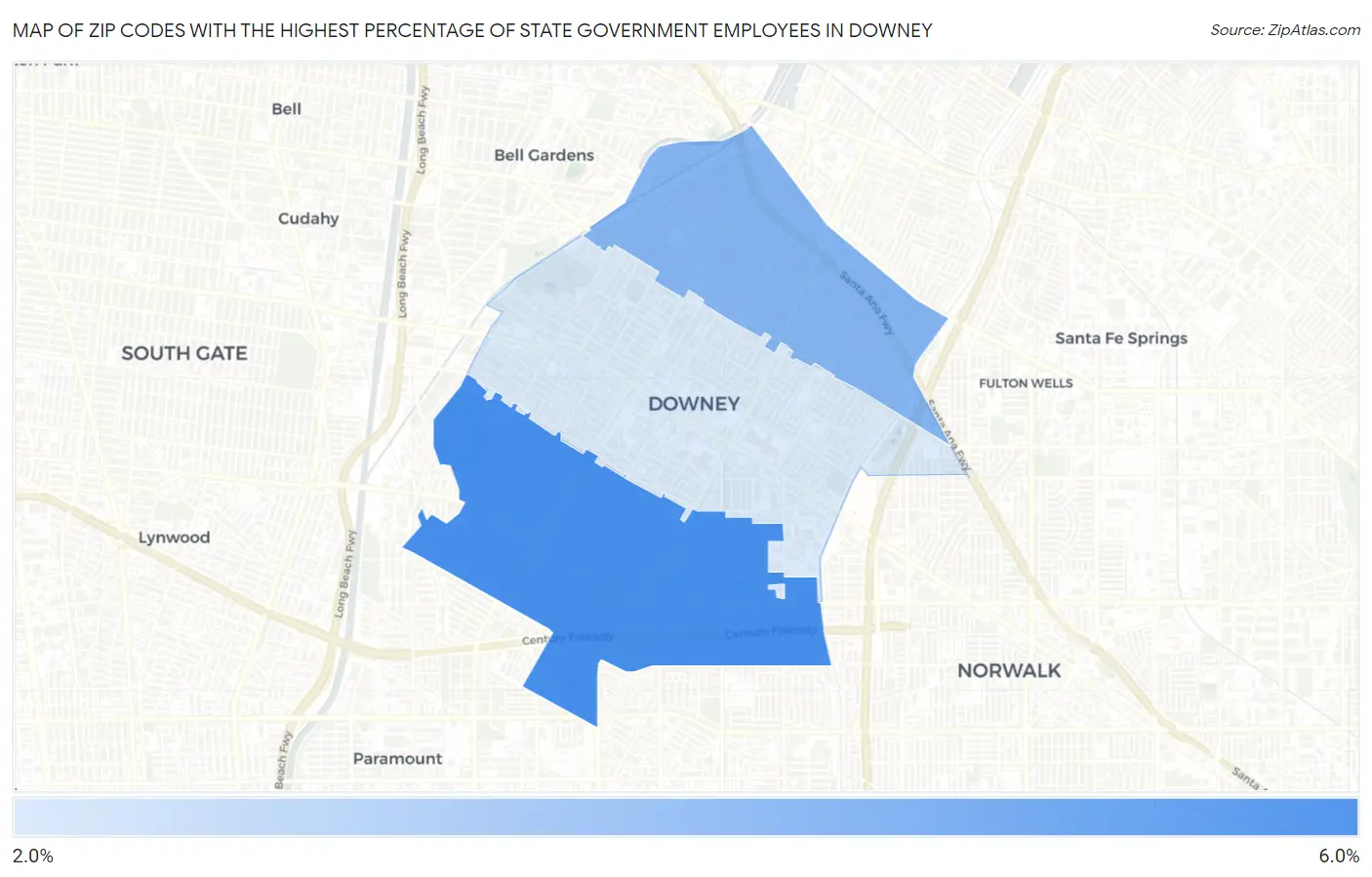 Zip Codes with the Highest Percentage of State Government Employees in Downey Map