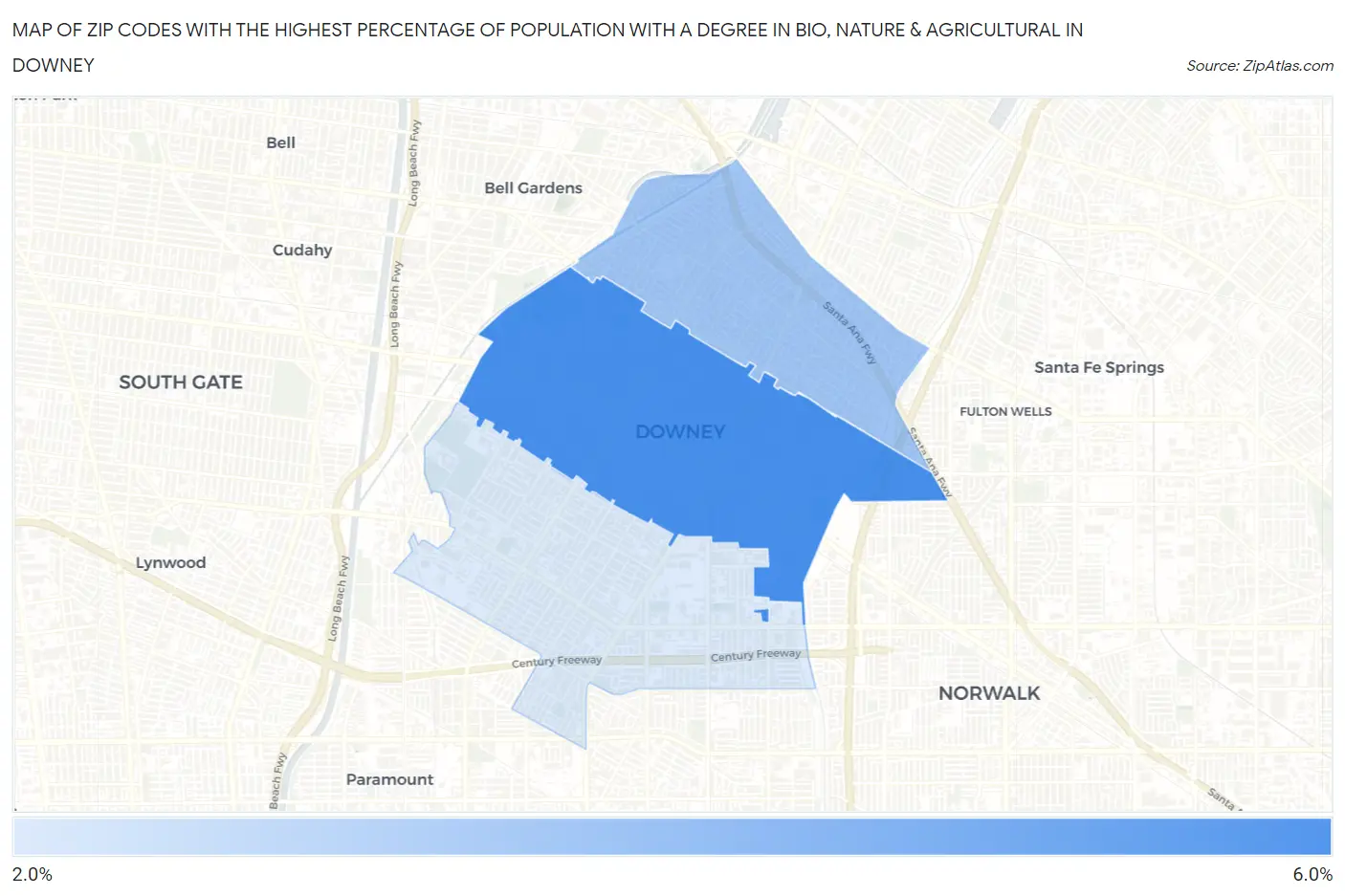Zip Codes with the Highest Percentage of Population with a Degree in Bio, Nature & Agricultural in Downey Map