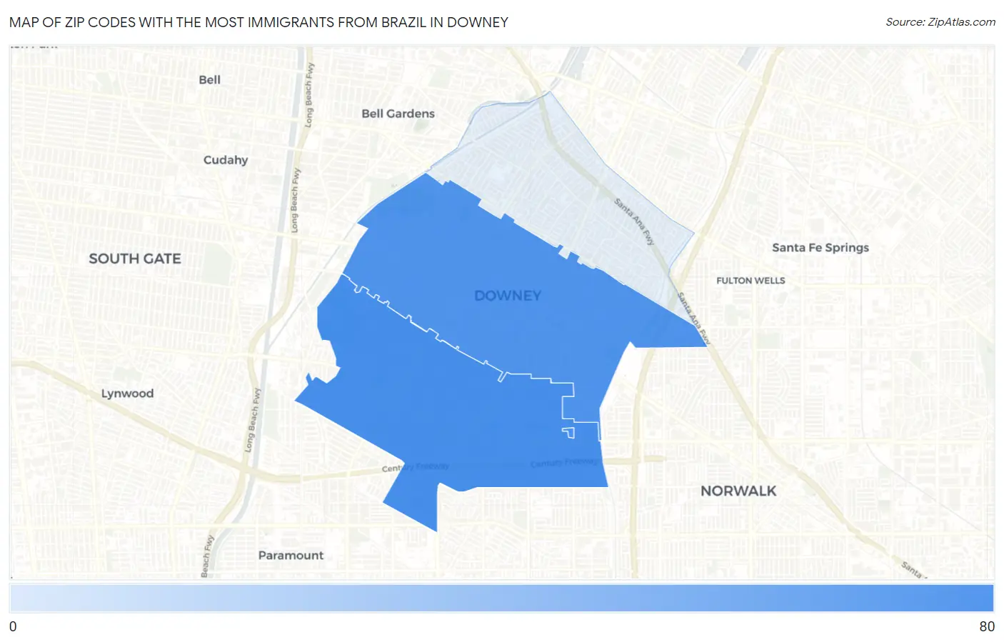Zip Codes with the Most Immigrants from Brazil in Downey Map