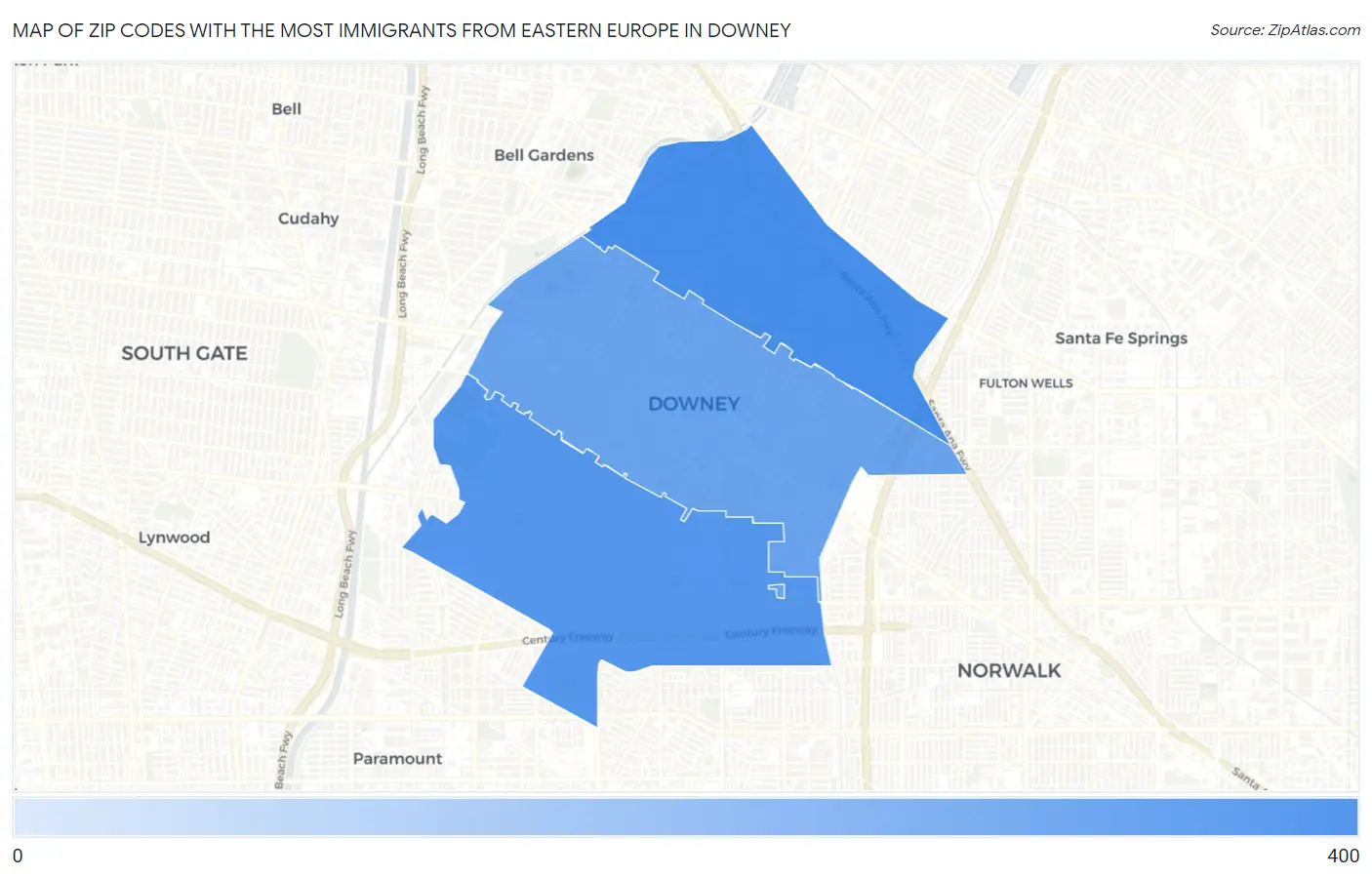 Zip Codes with the Most Immigrants from Eastern Europe in Downey Map