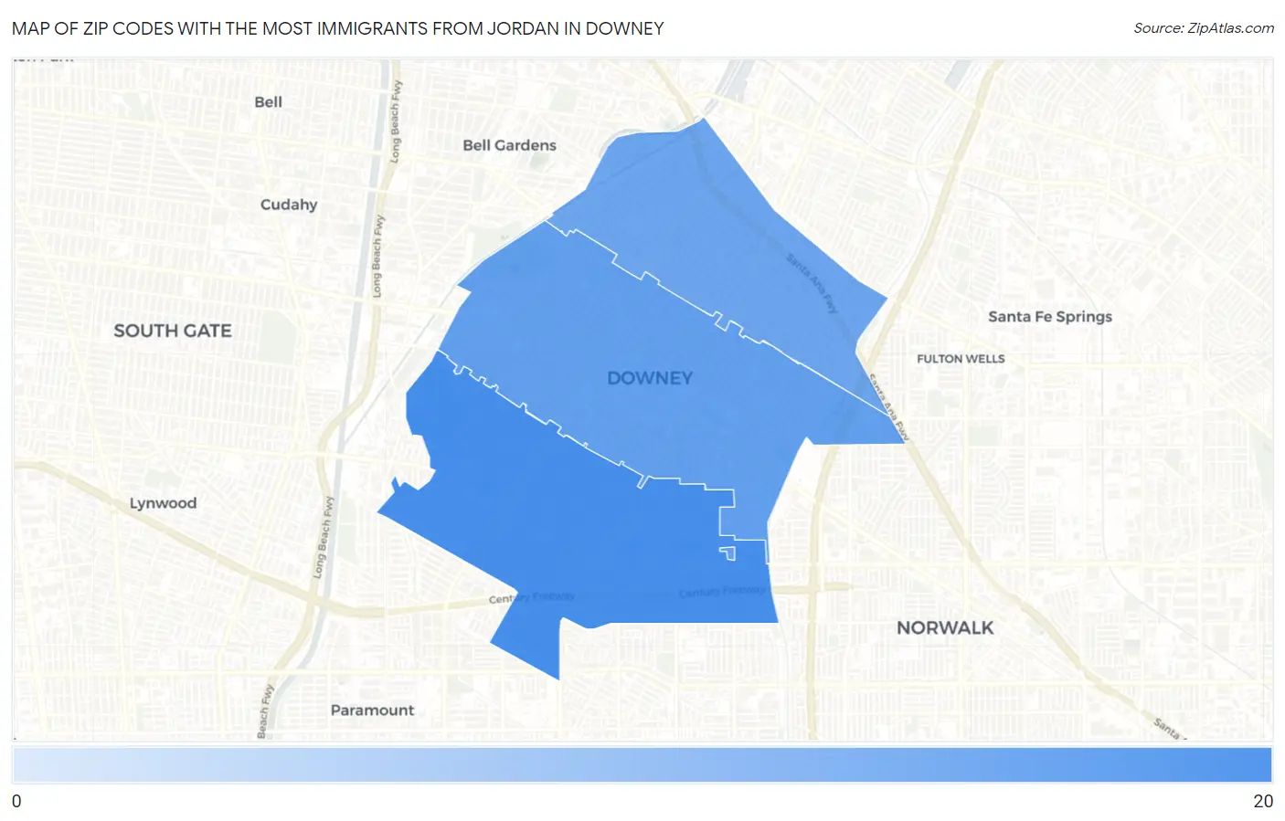 Zip Codes with the Most Immigrants from Jordan in Downey Map