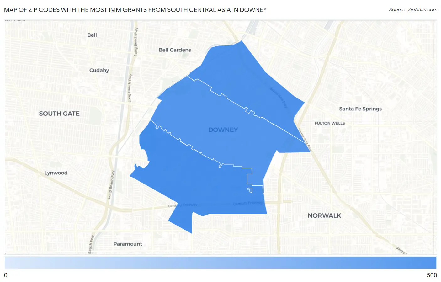 Zip Codes with the Most Immigrants from South Central Asia in Downey Map