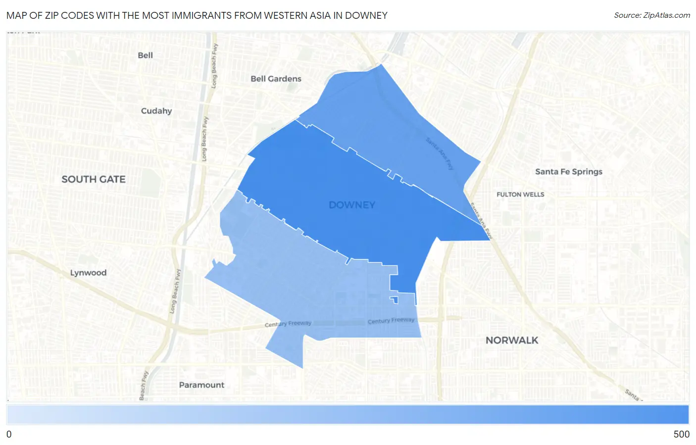 Zip Codes with the Most Immigrants from Western Asia in Downey Map