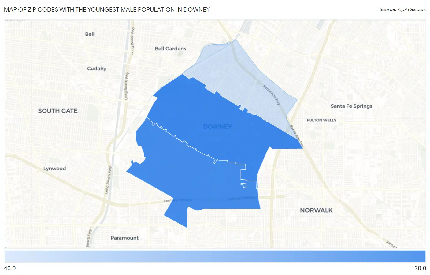 Zip Codes with the Youngest Male Population in Downey Map