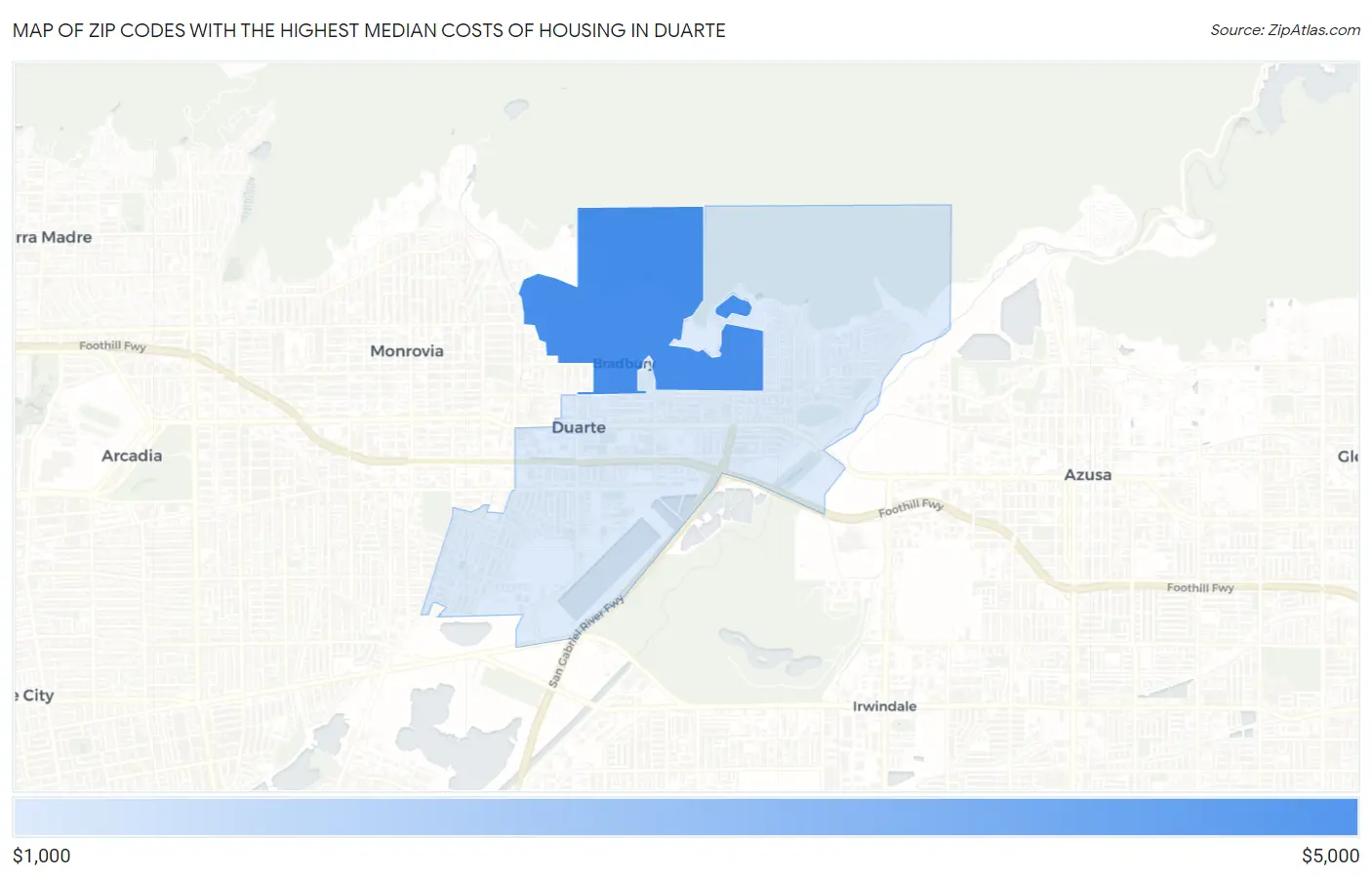 Zip Codes with the Highest Median Costs of Housing in Duarte Map