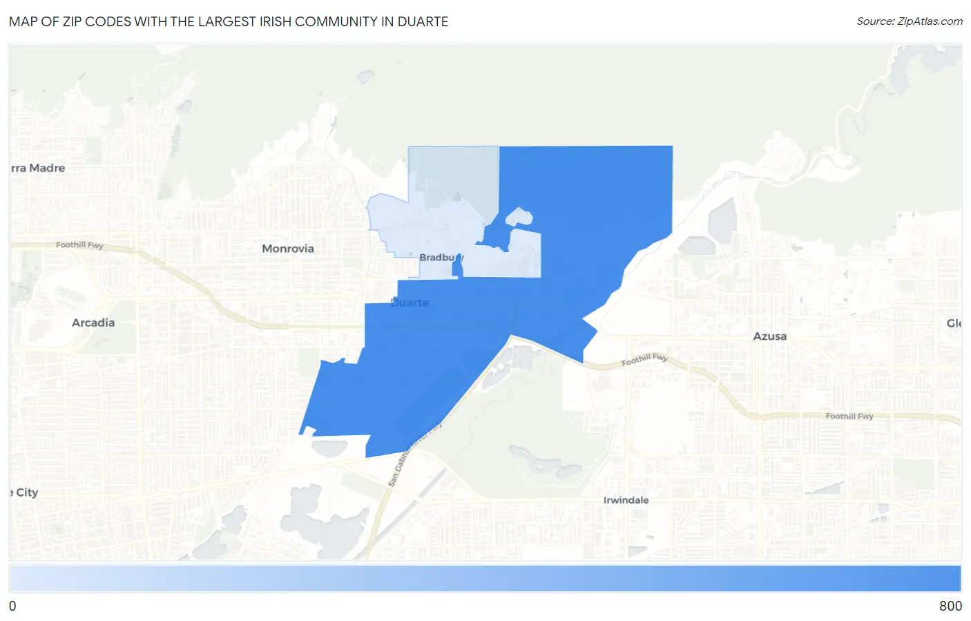 Zip Codes with the Largest Irish Community in Duarte Map
