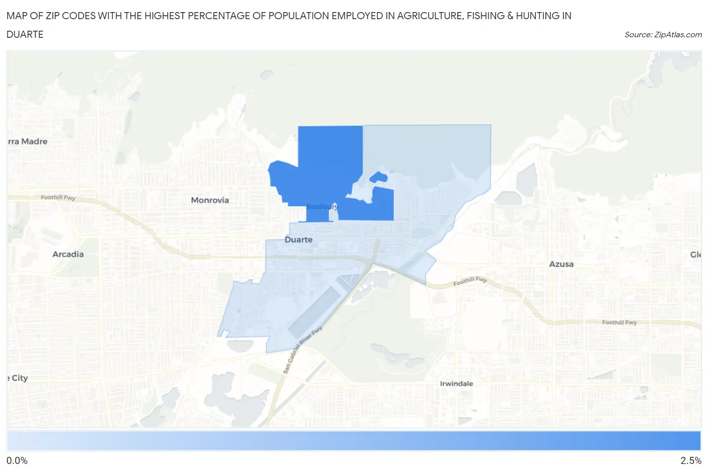 Zip Codes with the Highest Percentage of Population Employed in Agriculture, Fishing & Hunting in Duarte Map
