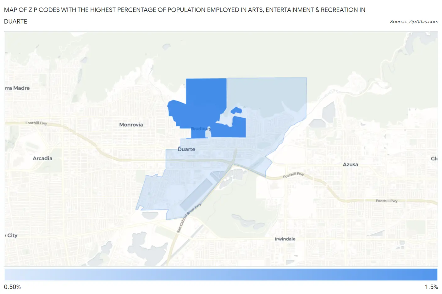Zip Codes with the Highest Percentage of Population Employed in Arts, Entertainment & Recreation in Duarte Map