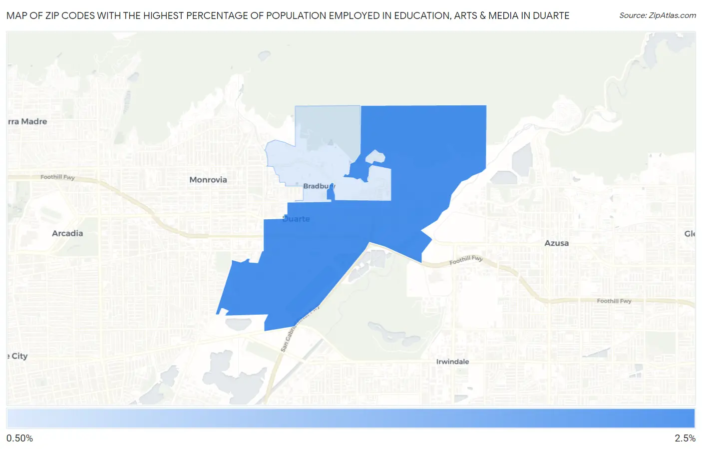 Zip Codes with the Highest Percentage of Population Employed in Education, Arts & Media in Duarte Map