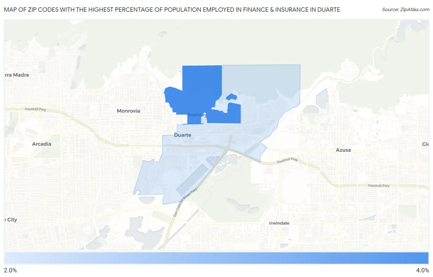 Zip Codes with the Highest Percentage of Population Employed in Finance & Insurance in Duarte Map