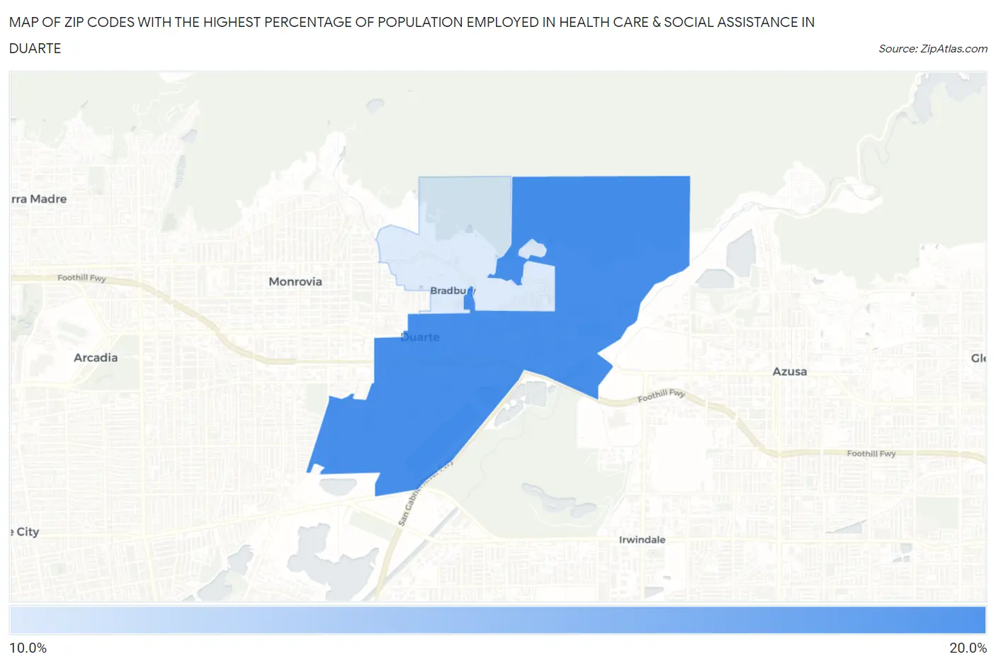 Zip Codes with the Highest Percentage of Population Employed in Health Care & Social Assistance in Duarte Map