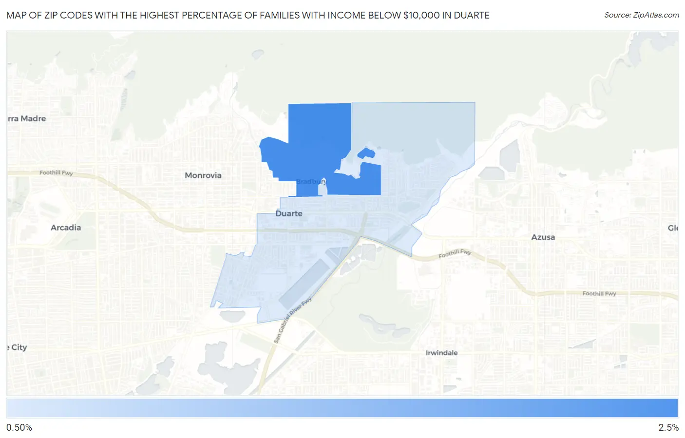 Zip Codes with the Highest Percentage of Families with Income Below $10,000 in Duarte Map