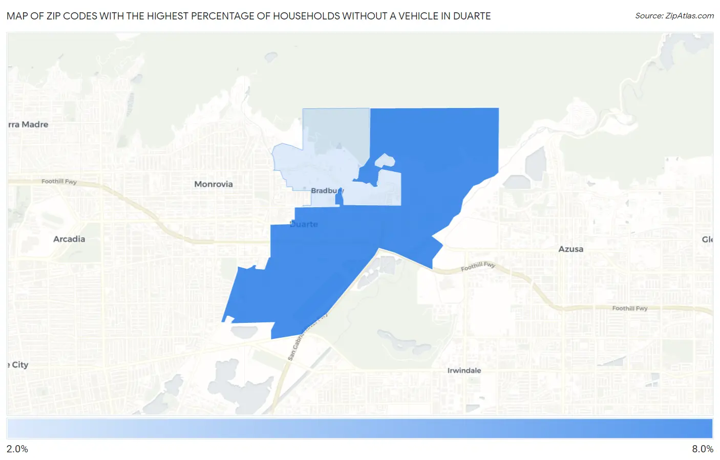 Zip Codes with the Highest Percentage of Households Without a Vehicle in Duarte Map