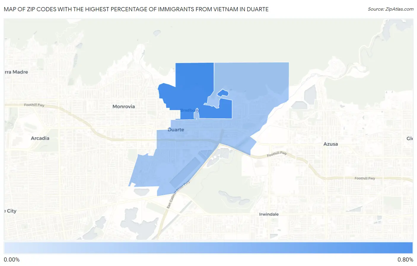 Zip Codes with the Highest Percentage of Immigrants from Vietnam in Duarte Map