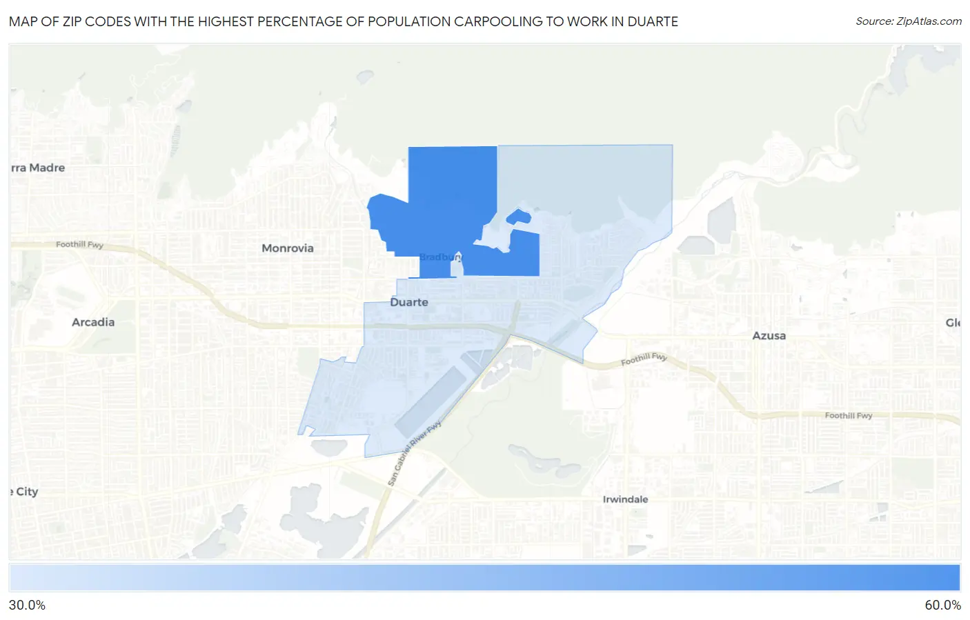 Zip Codes with the Highest Percentage of Population Carpooling to Work in Duarte Map