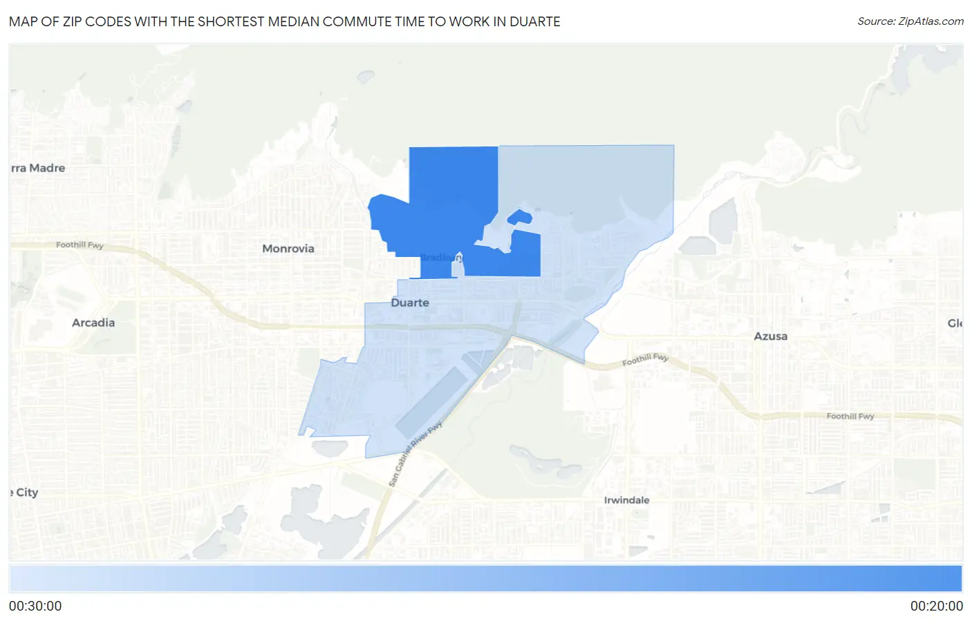 Zip Codes with the Shortest Median Commute Time to Work in Duarte Map