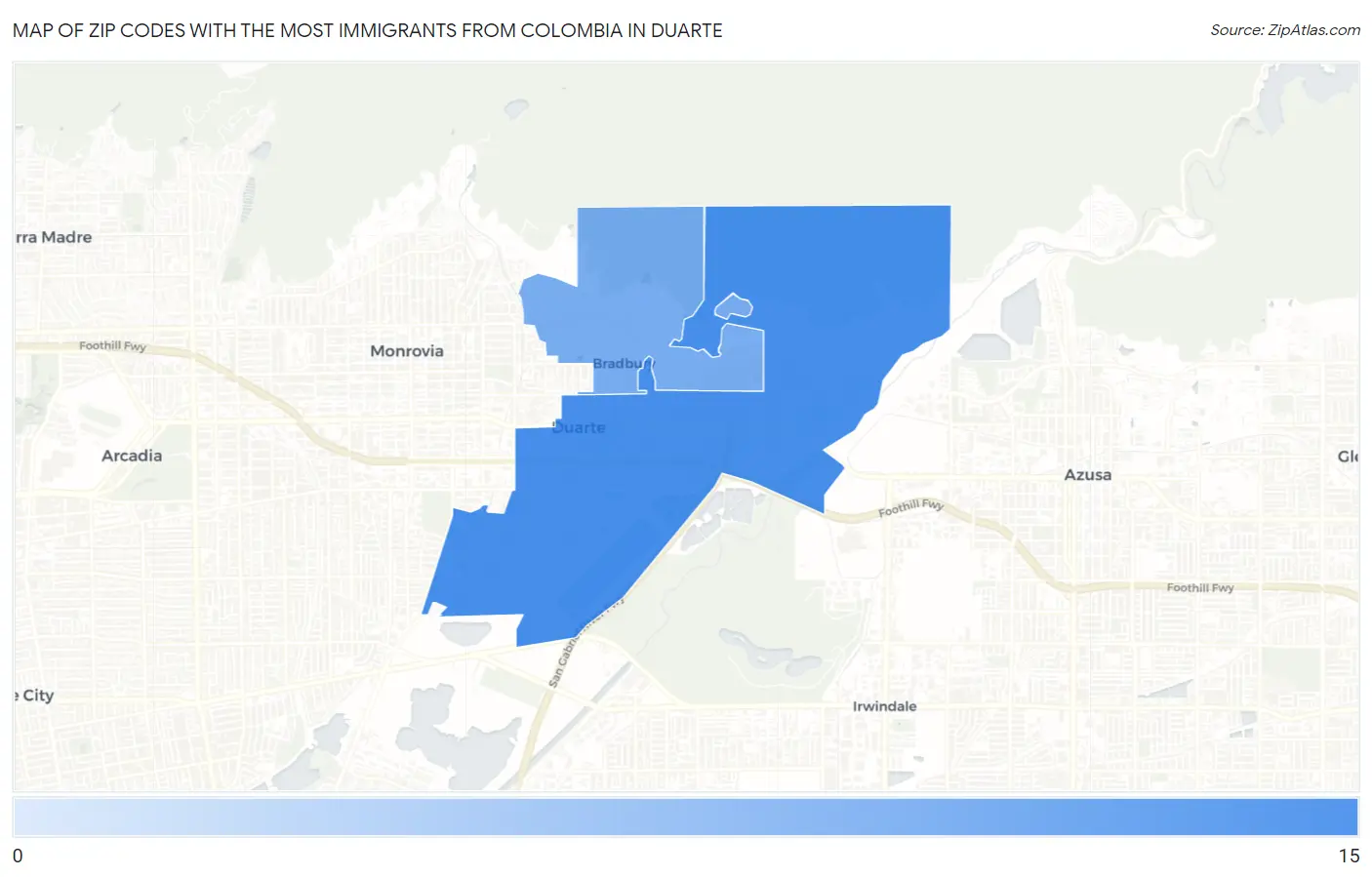 Zip Codes with the Most Immigrants from Colombia in Duarte Map