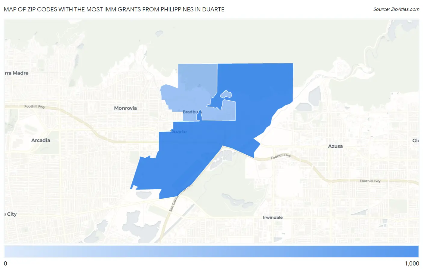 Zip Codes with the Most Immigrants from Philippines in Duarte Map