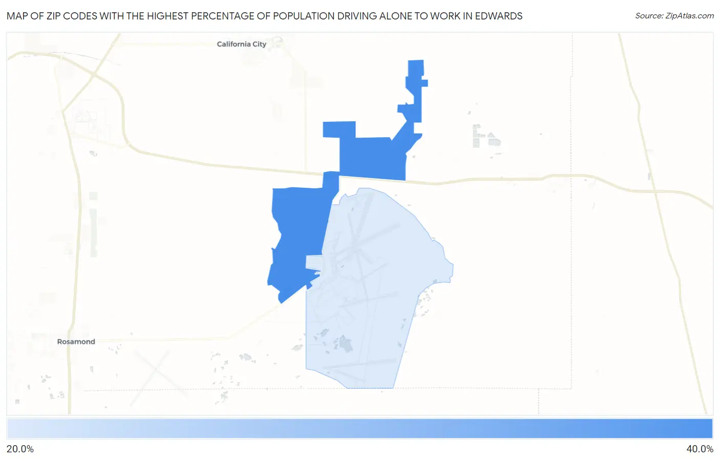 Zip Codes with the Highest Percentage of Population Driving Alone to Work in Edwards Map