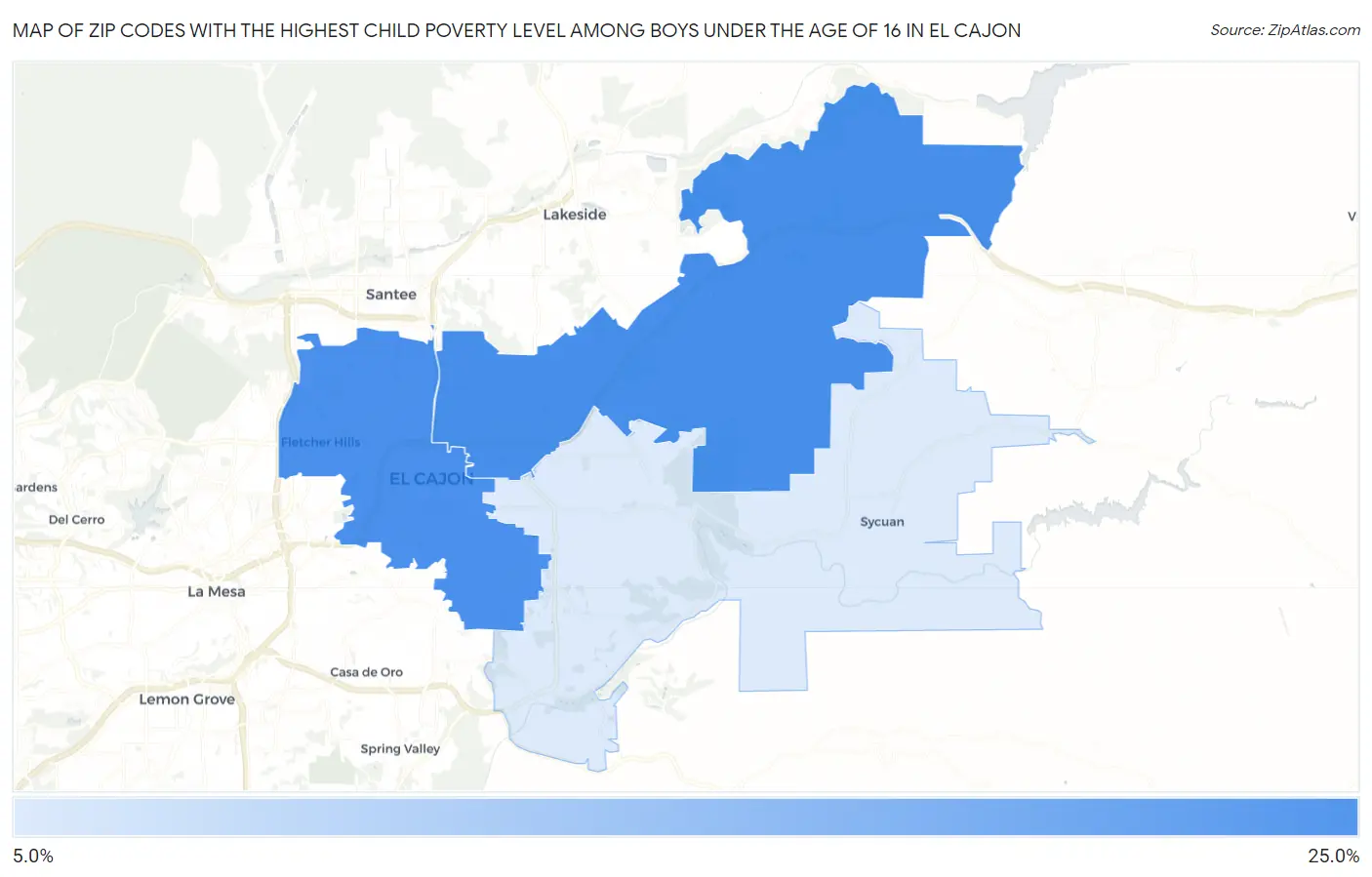 Zip Codes with the Highest Child Poverty Level Among Boys Under the Age of 16 in El Cajon Map