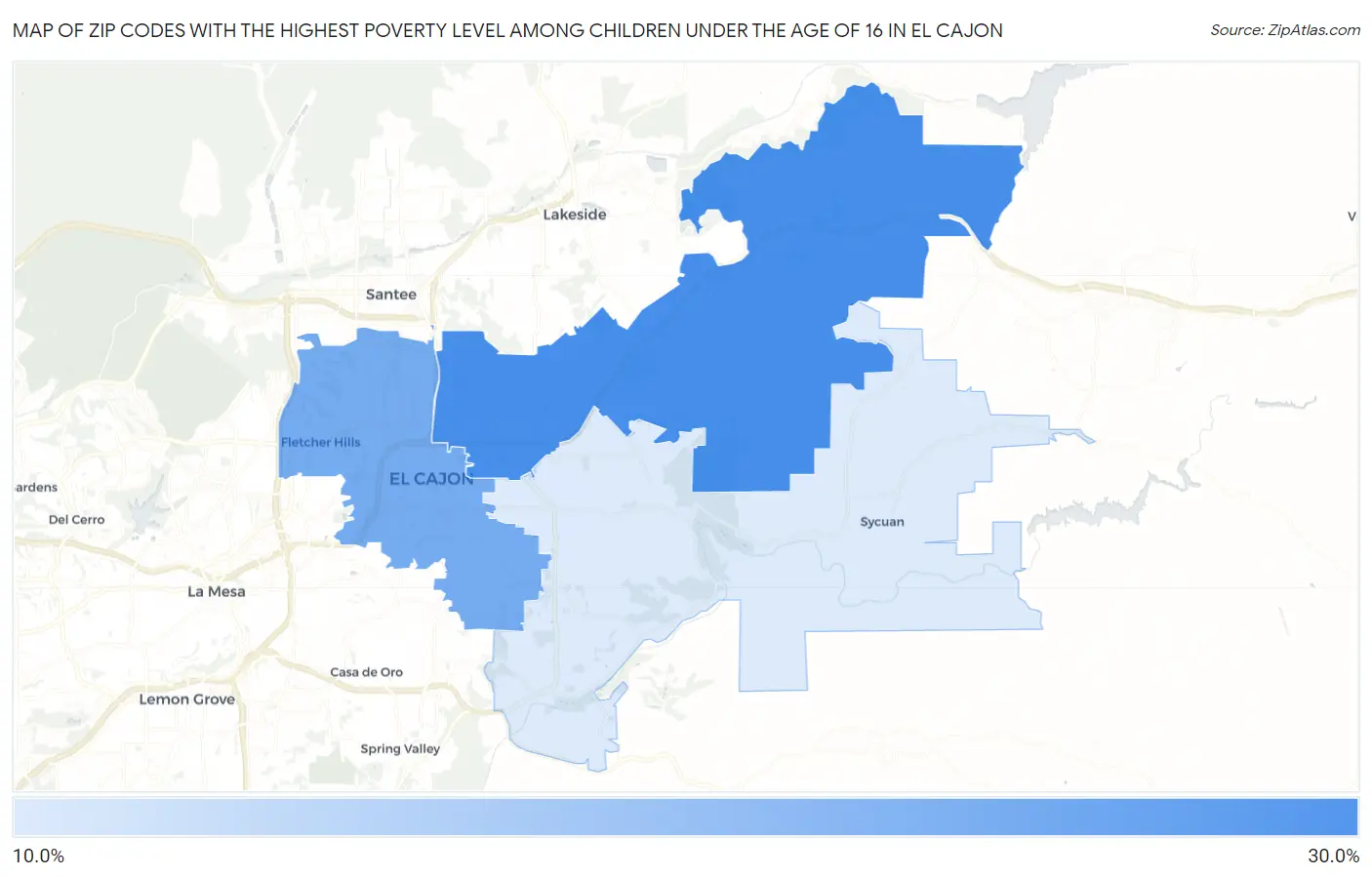 Zip Codes with the Highest Poverty Level Among Children Under the Age of 16 in El Cajon Map