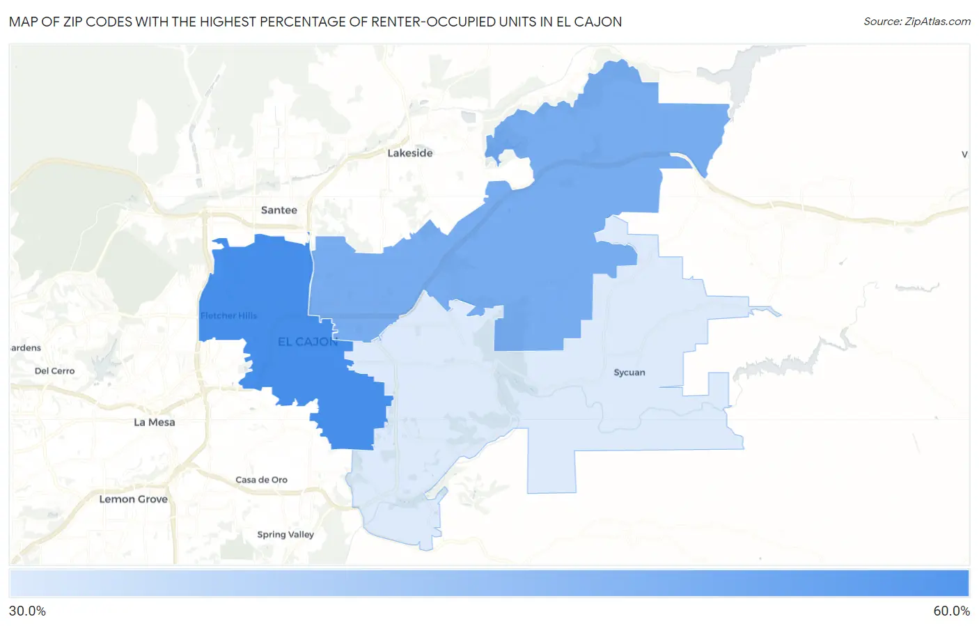 Zip Codes with the Highest Percentage of Renter-Occupied Units in El Cajon Map
