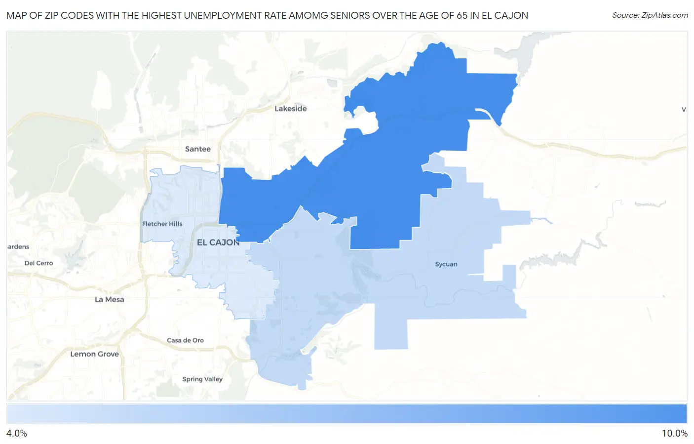 Zip Codes with the Highest Unemployment Rate Amomg Seniors Over the Age of 65 in El Cajon Map