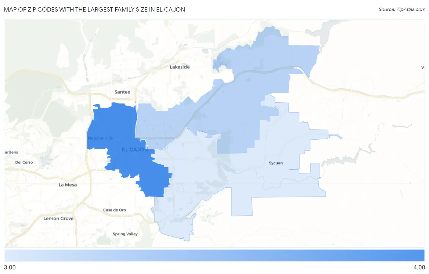 Zip Codes with the Largest Family Size in El Cajon Map