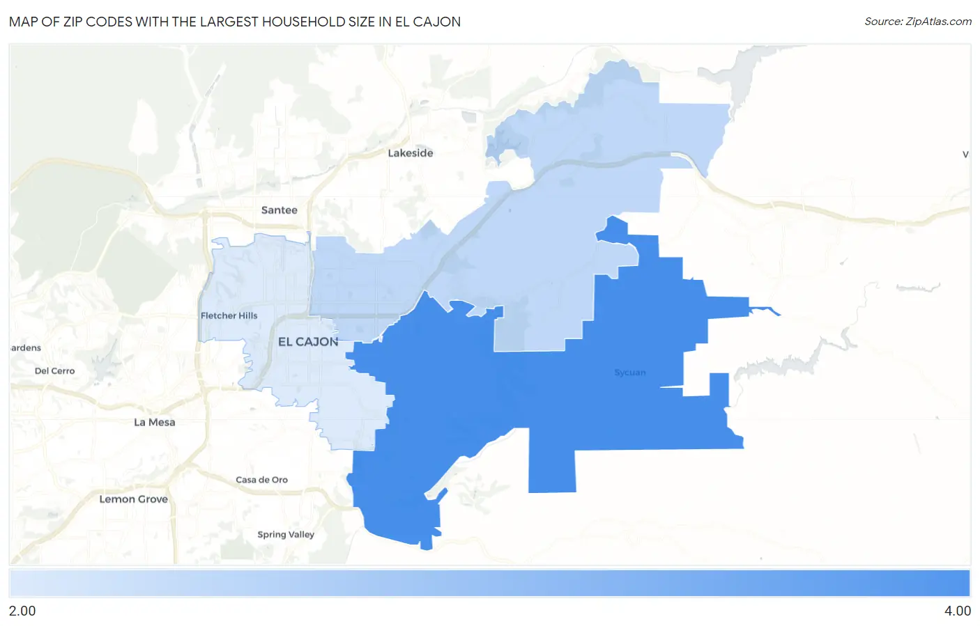 Zip Codes with the Largest Household Size in El Cajon Map
