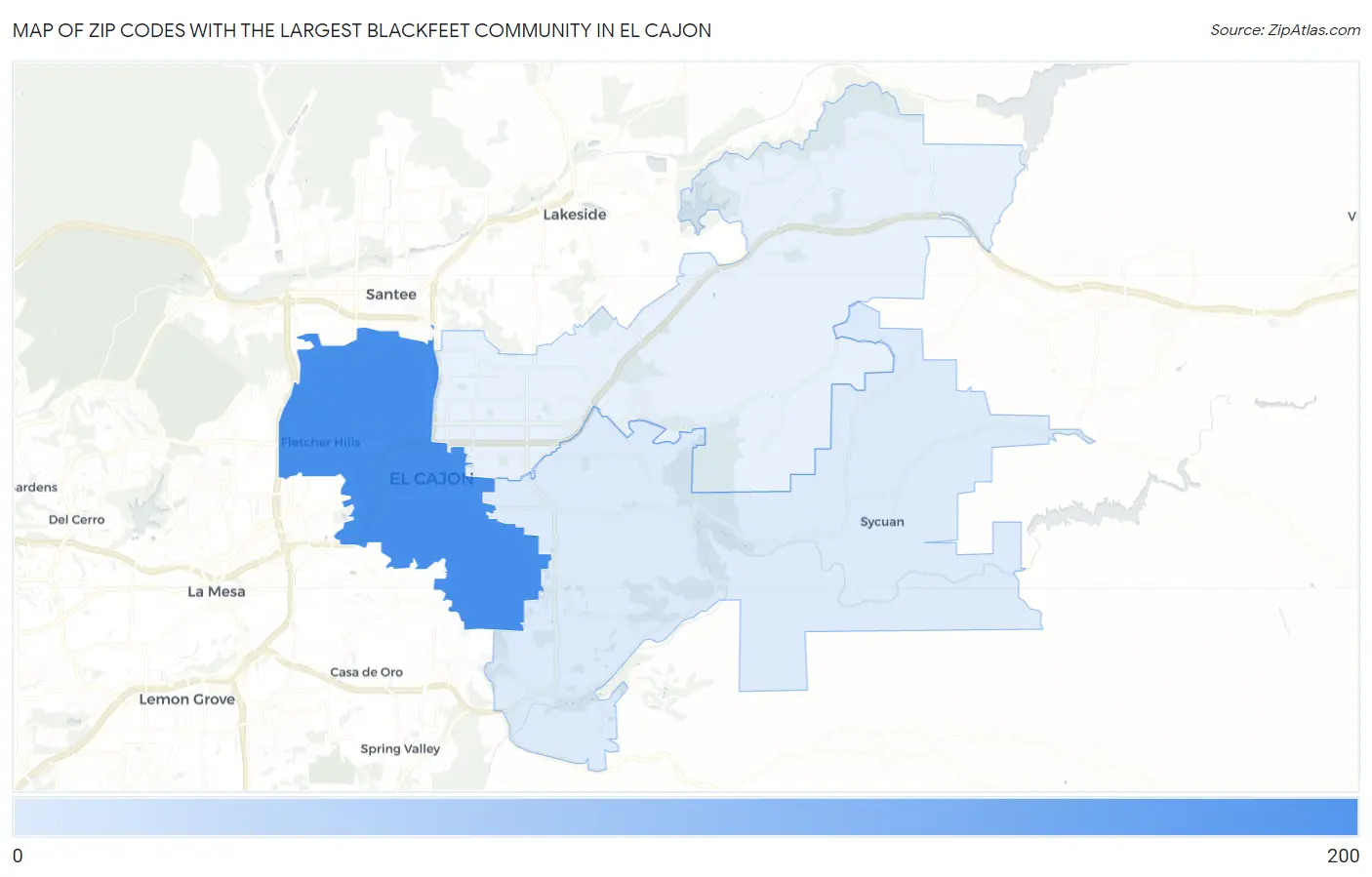Zip Codes with the Largest Blackfeet Community in El Cajon Map
