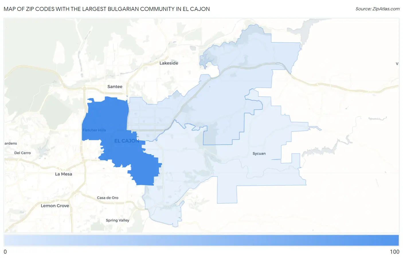 Zip Codes with the Largest Bulgarian Community in El Cajon Map