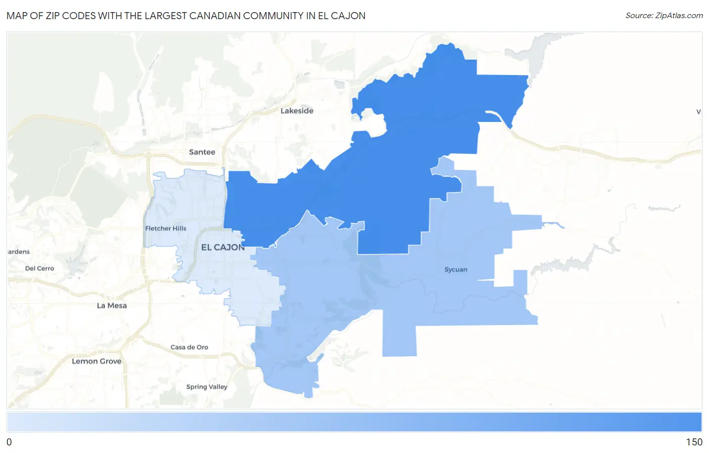 Zip Codes with the Largest Canadian Community in El Cajon Map