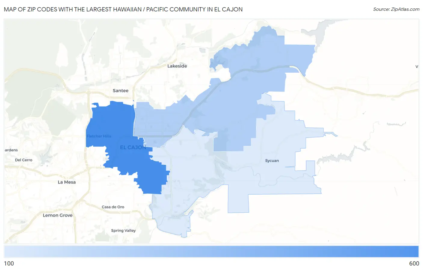 Zip Codes with the Largest Hawaiian / Pacific Community in El Cajon Map