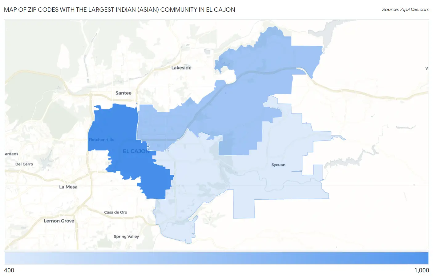 Zip Codes with the Largest Indian (Asian) Community in El Cajon Map